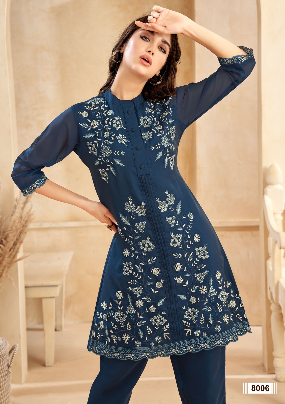 8006 Four Roses Embroidery Organza Designer Kurti With Bottom Wholesale Market
